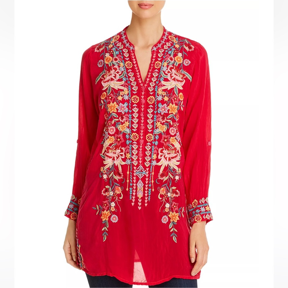 Flawless Johnny Was Annette Floral Embroidered Tunic Top Long Sleeve Scarlet Red